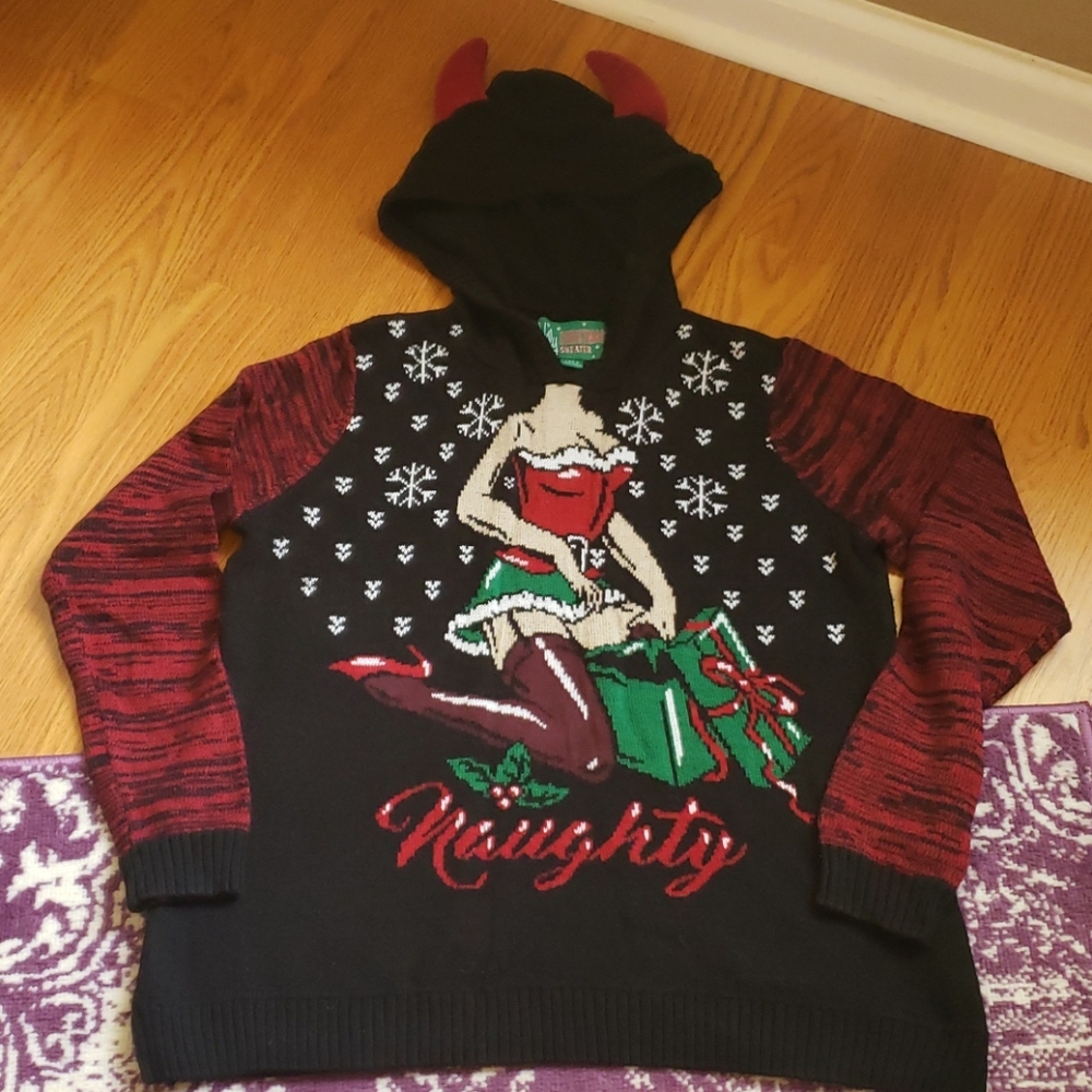 Ugly Naughty Christmas Sweater with Hood and Horns
